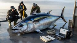 A rare giant bluefin tuna is precisely measured and officially confirmed by marine biologists using peer-reviewed scientific protocols
